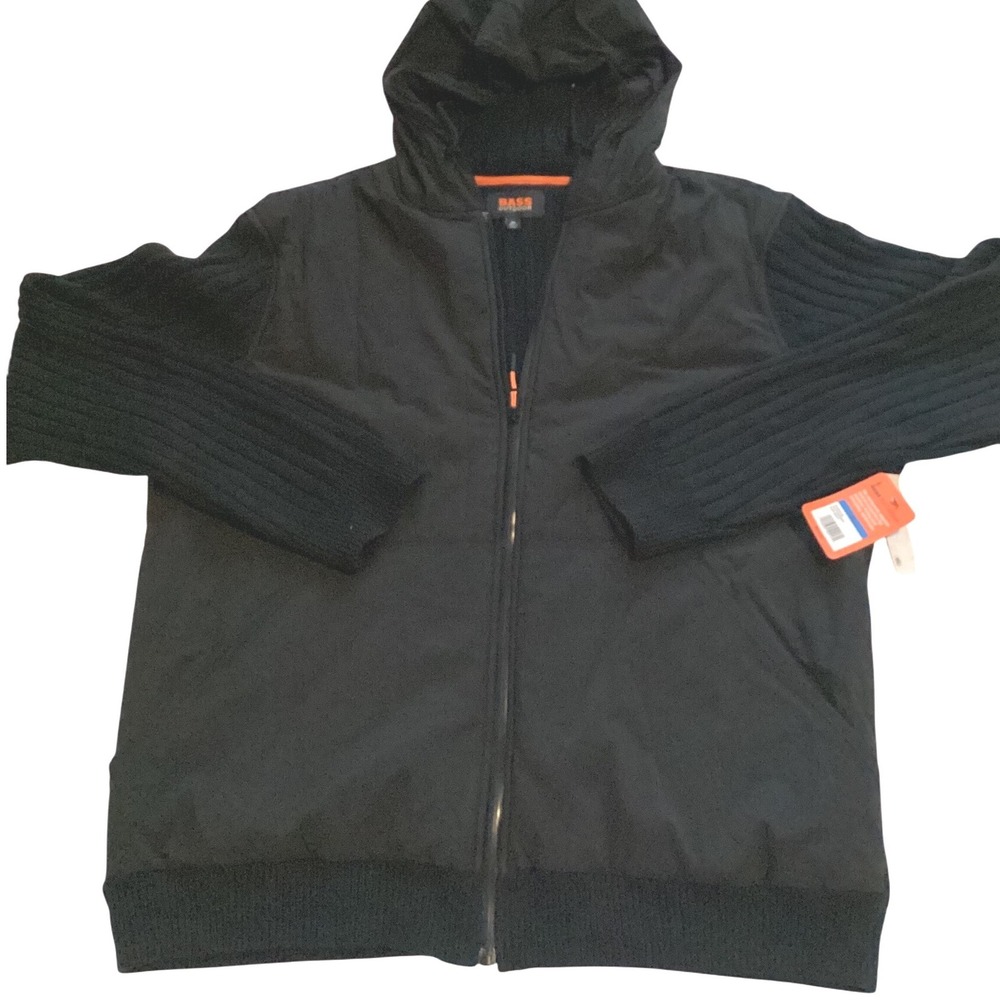 NWT Men's Bass Outdoor‎ XL Full Zip Hoodie Sweater Black Ribbed Knit Sleeves